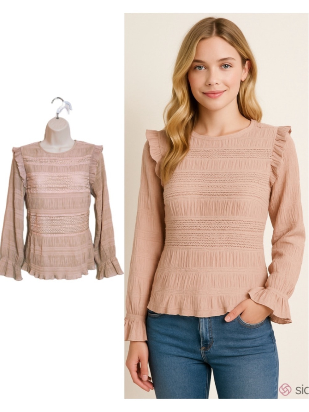 Velvet by Graham & Spencer Ruffle Smocked Lace Blush Pink Boho Blouse X-Small